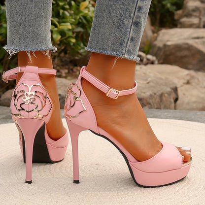 Women's Platform D'Orsay High Heels - Rose Decor Peep Toe Ankle Strap Stiletto Sandals - Fashionable & Elegant - For Parties, Banquets & Special Occasions - Perfect Gift for Women