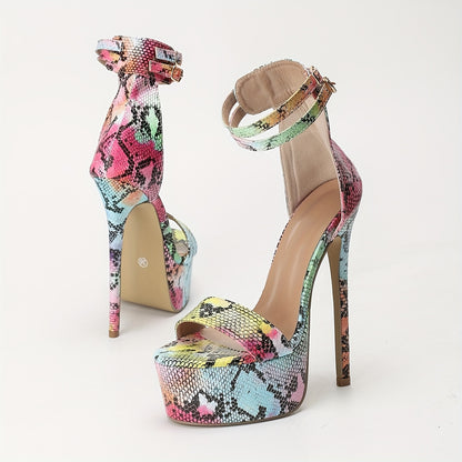 1 Pair European/American Style Multicolor Snakeskin Print Stiletto High Heels, Open Toe Ankle-Strap Buckle Closure, All-Season Fashion Sandals with Waterproof Platform, Man-Made Upper/Inner/Sole/Insole, Non-Washable