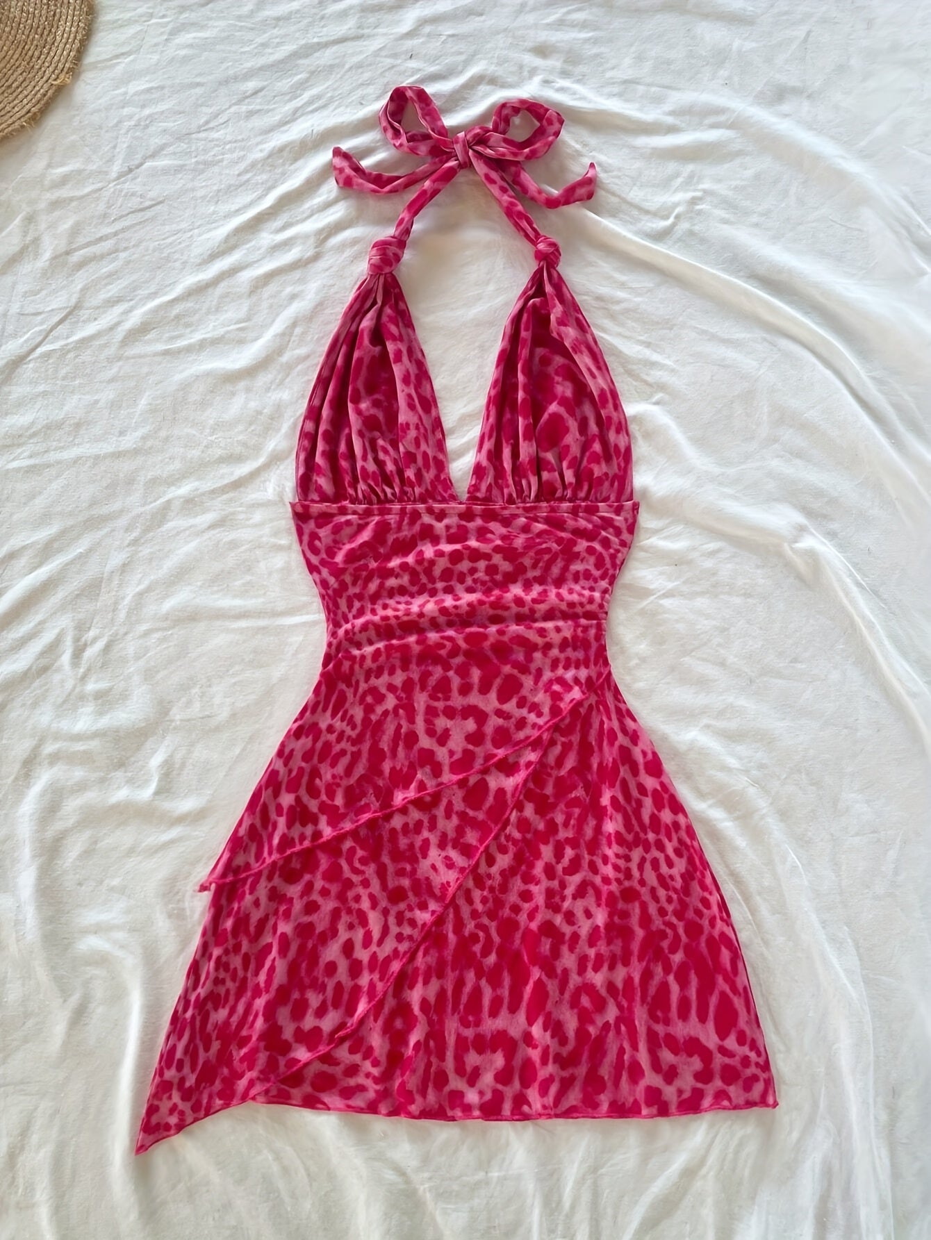 Women's Retro Leopard Print Halter Neck Backless Dress with Ruching & Mesh Detail - Lightweight Summer Vacation Beach Party Dress, Machine Washable, Beach Dresses