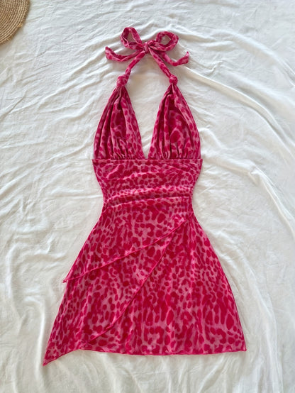 Women's Retro Leopard Print Halter Neck Backless Dress with Ruching & Mesh Detail - Lightweight Summer Vacation Beach Party Dress, Machine Washable, Beach Dresses