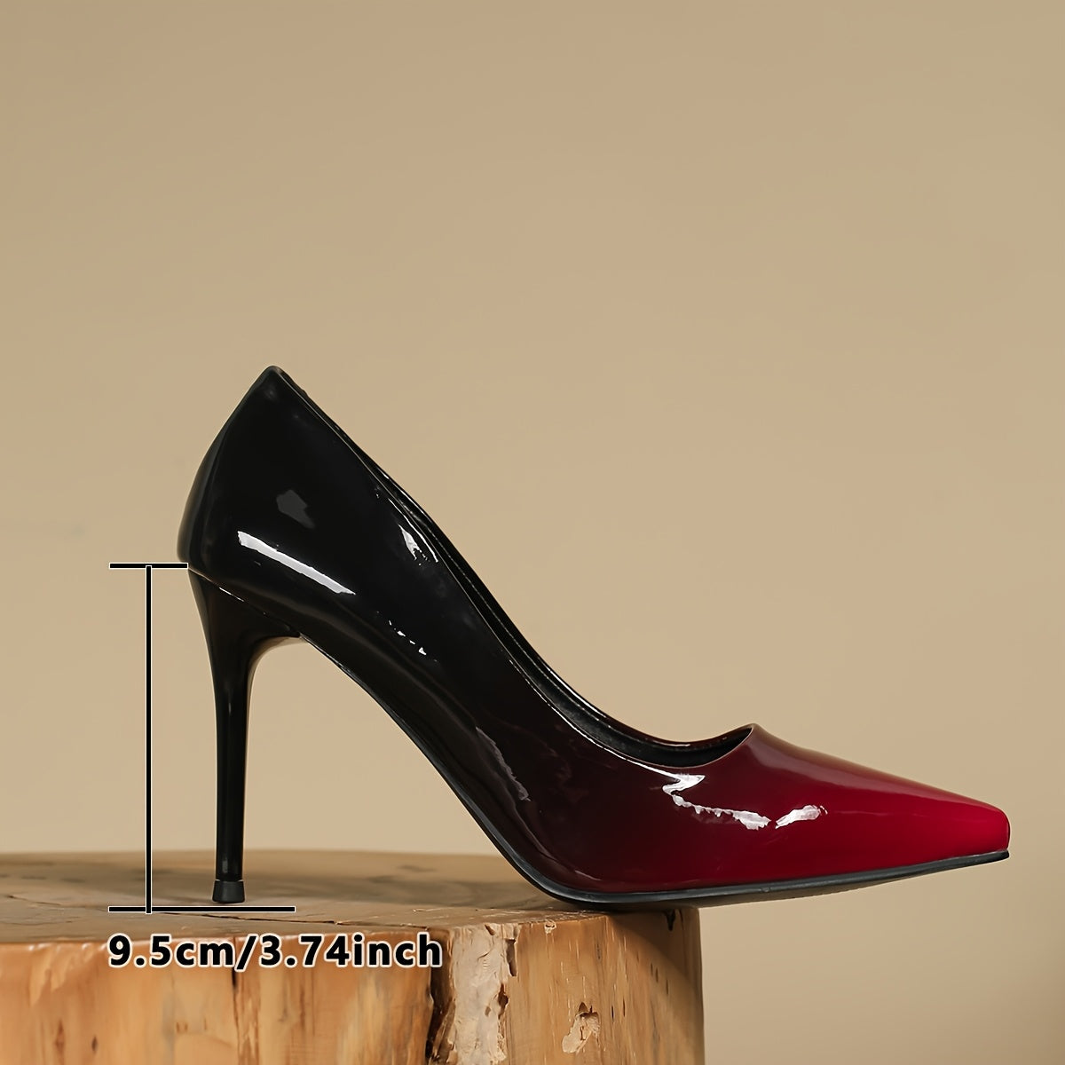 Women's Gradient Pointed-Toe High Heels - Elegant Black to Red Transition, Glossy Finish Stiletto Pumps with Faux Cover Upper and TPU Sole, Stiletto Heels