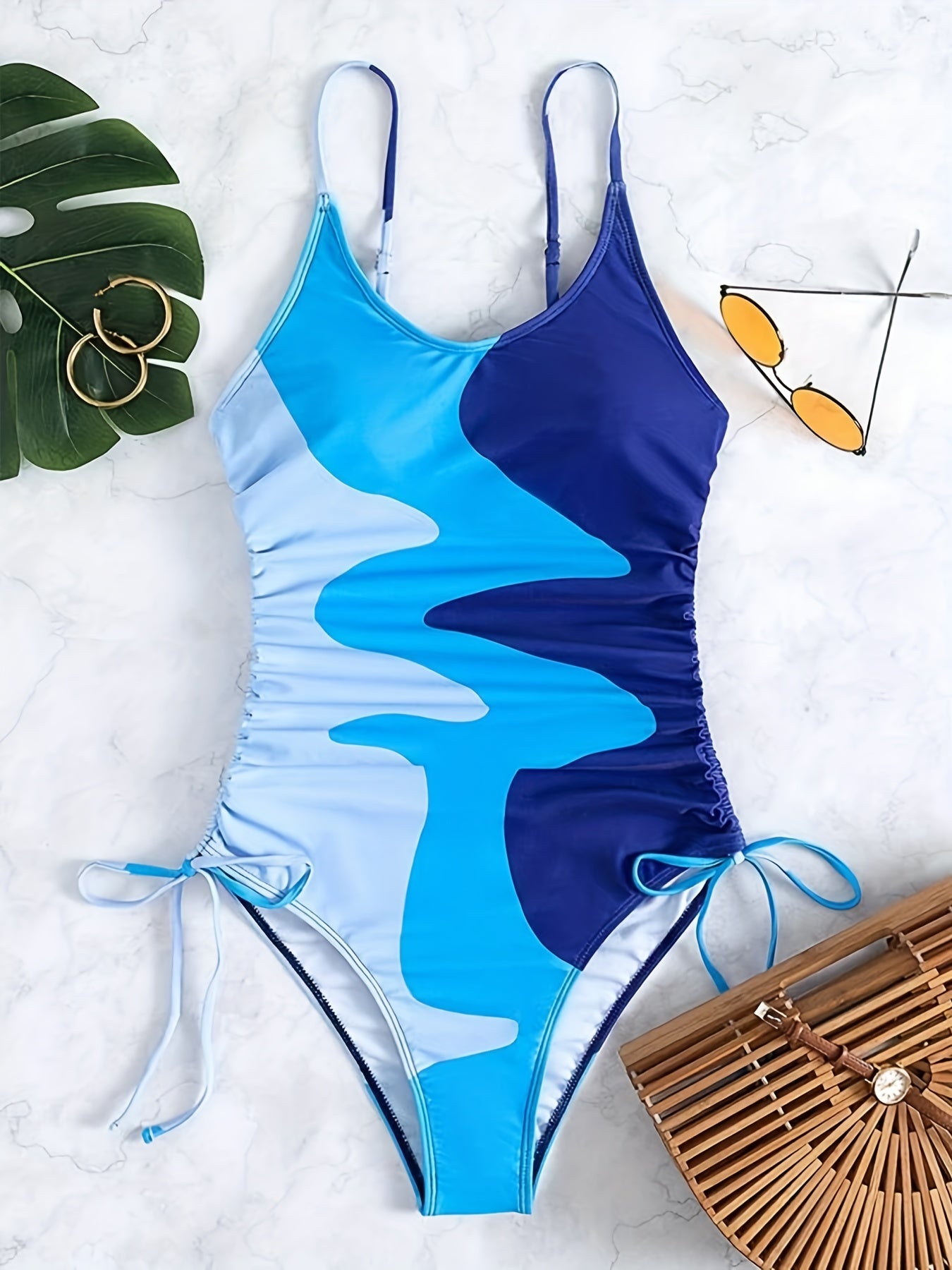 Blue Color Block Drawstring One-piece Swimsuit, Spaghetti Strap High Stretch Bathing Suits, Women's Swimwear & Clothing