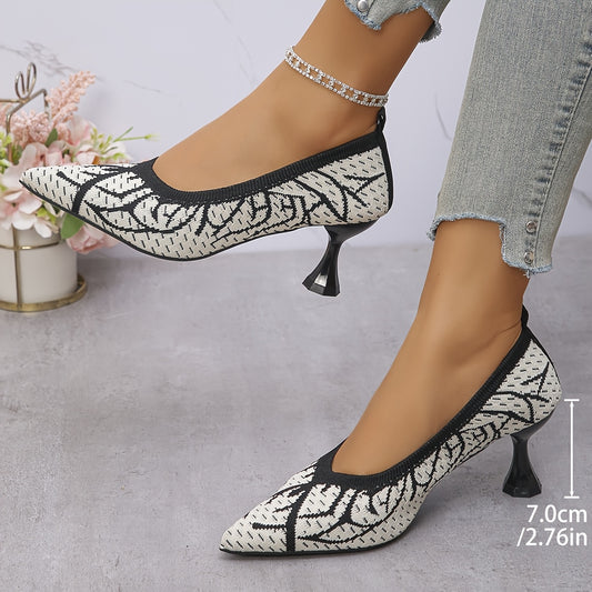 Women'S Embroidered Pointed Toe Pumps, Breathable Knit Fabric Dress Shoes, Fashion Stiletto High Heels with PU Sole for All Seasons
