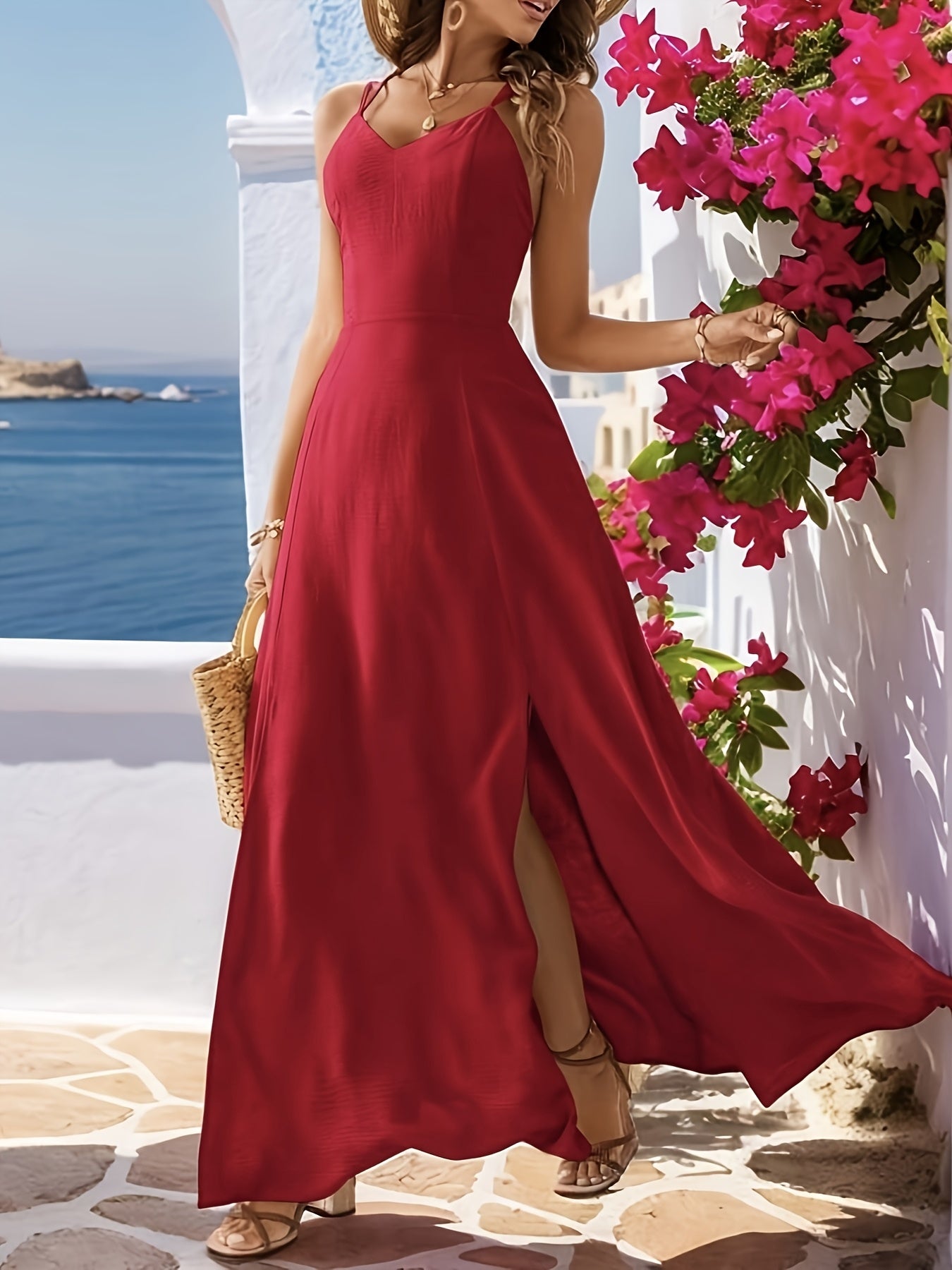 Women's Elegant Olive Green Cross-Strap A-Line Dress with High Slit & Flowy Train - Lightweight Machine-Washable Summer Dress for Beach Weddings, Evening Events, LL169, Beach Wedding Dresses for Bride, Evening Event Attire, S