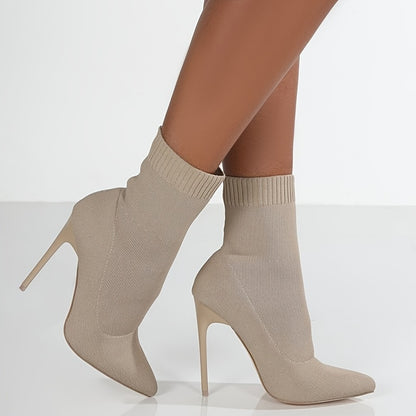 1pr Women'S Mid-Calf Sock Boots - Casual Solid Color Slip-On Pointed Toe Stiletto Heels with Knitted Fabric Upper, Inner & Sole, Flannel Insole - All-Season Stretchy Knit Ankle Booties