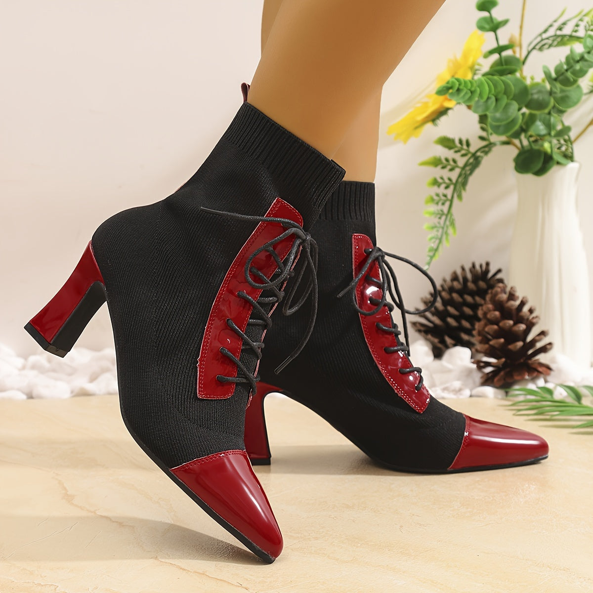 Black and Red Classic Combination Pointed Women's High Heels Short Boots Thick Heels with Adjustable Laces Comfortable Street Shoes Outdoor Boots