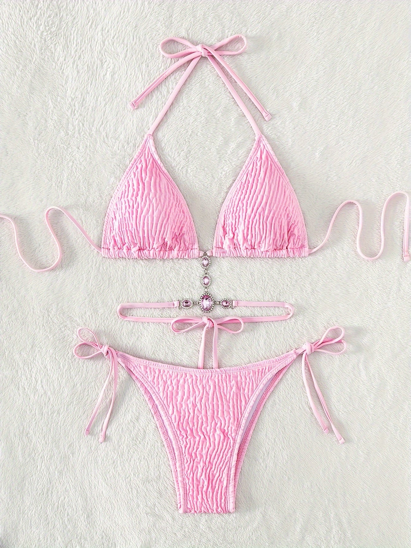Rhinestone Textured Fabric Plain 2 Piece Set Bikini, Halter Criss Cross Tie Strap Swimsuits, Women's Swimwear & Clothing