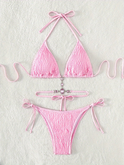 Rhinestone Textured Fabric Plain 2 Piece Set Bikini, Halter Criss Cross Tie Strap Swimsuits, Women's Swimwear & Clothing