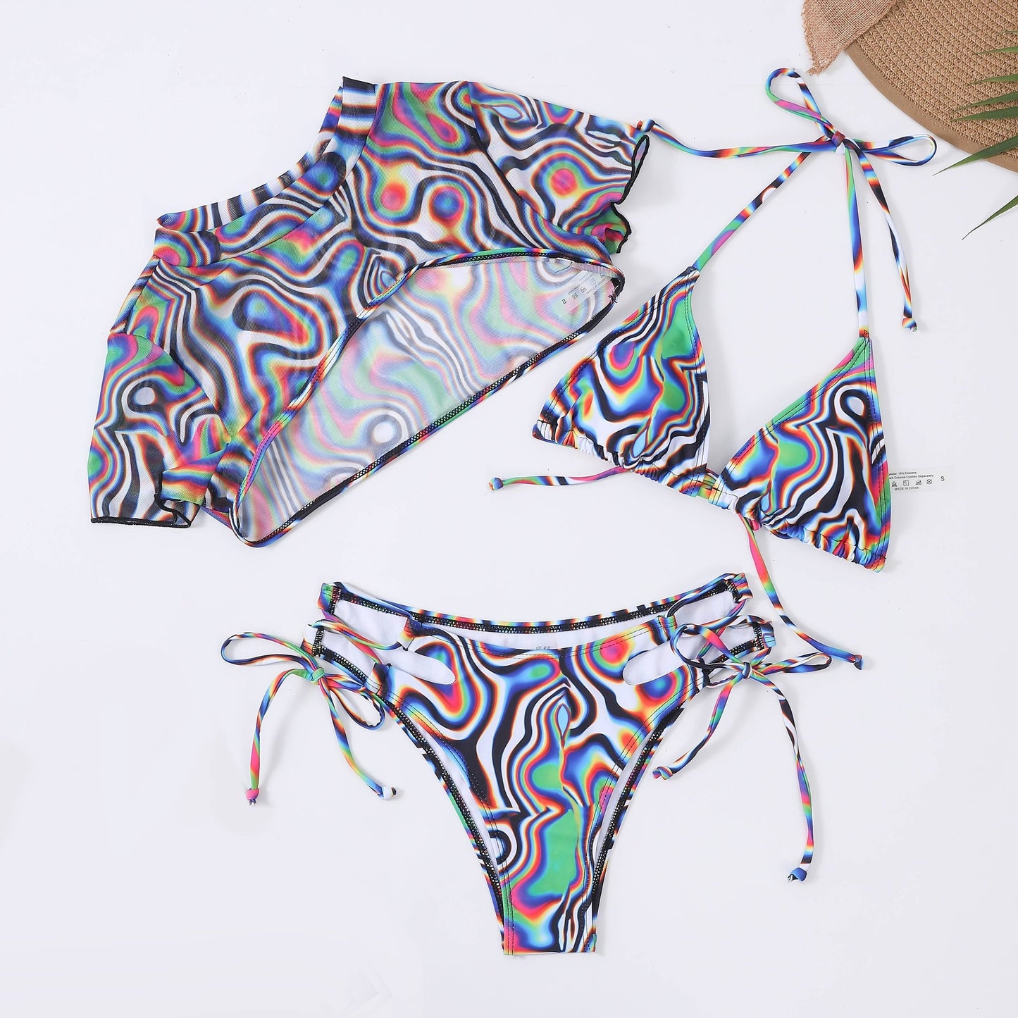 Chic Plaid Bikini Set - 3-Piece with Short Sleeve Cropped Cover Up - Adjustable Halter Tie Strap Swimsuits - Premium Womens Swimwear Collection